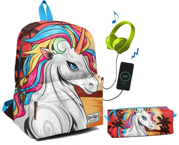 Coral High Üç Bölmeli Ortaokul ve Lise Okul Çantası Seti - Renkli Unicorn ürün görseli