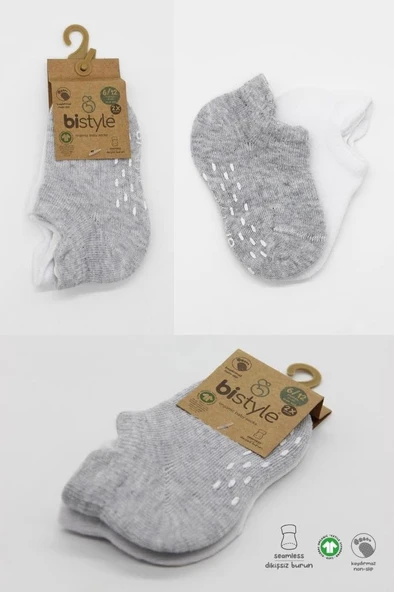 Eğitici Oyuncak Bistyle 2'Li Sneakers Kaymaz Basic Penye Çorap BS20103 Gri Beyaz - 5