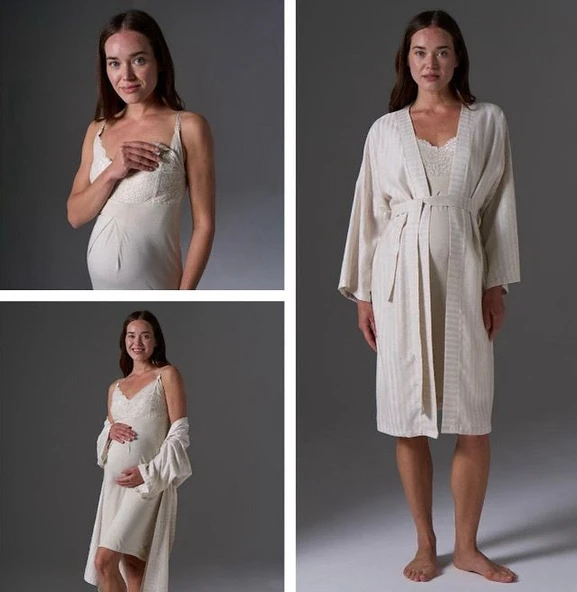 Bonjourmadame 1771 Keten Hamile Lohusa Gecelik Sabahlık Tk - Resim 5