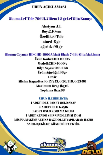Okuma LRF Tele 213cm 1-8gr Okuma Ceymar CHD 1000A LRF Olta Seti - Resim 2