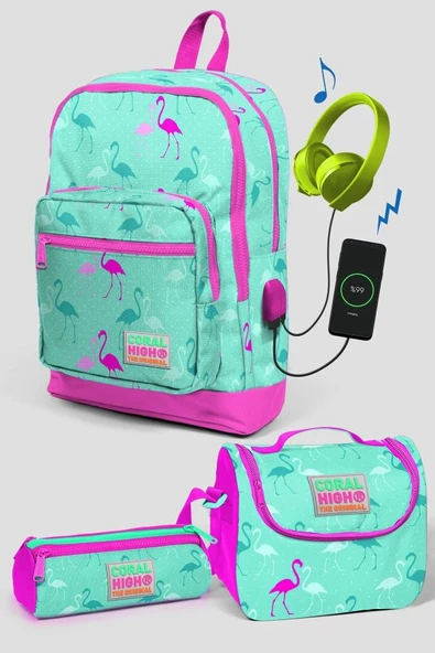 Coral High Yeşil Flamingo Desenli Okul Çanta Seti - Kız Çocuk ürün görseli