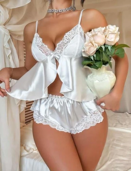 AmoraSecret AmoraSecret Dantel İşlemeli İnce Askılı Beyaz Saten Şortlu Takım - 2