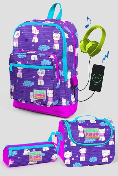 Coral High Mor Kedi Desenli Okul Çanta Seti - Kız Çocuk ürün görseli