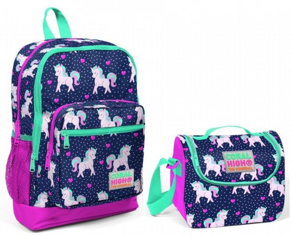Coral High Kız Çocuk Unicorn Desenli İlkokul Çanta Seti - USB ve AUX Çıkışlı