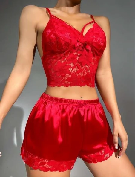 AmoraSecret AmoraSecret Kırmızı Dantelli Büstiyer İnce Askılı Saten Şortlu Takım - 2