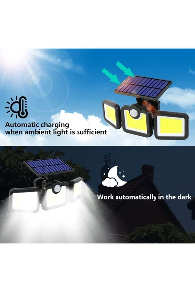 Volemi Üçlü Solar Led Projektör – Beyaz Işık – Sensörlü Dış Mekân Aydınlatma - Resim 5