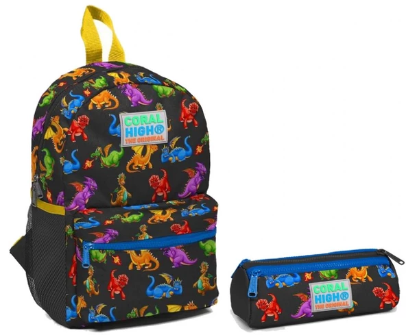 Coral High Siyah Dinazor Baskılı Yuva ve Anaokulu Çanta Seti ürün görseli 1