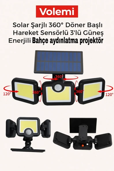 Volemi Üçlü Solar Led Projektör – Beyaz Işık – Sensörlü Dış Mekân Aydınlatma ürün görseli