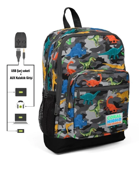 Coral High Kamuflaj Dinazor Baskılı Erkek Çocuk Okul Çanta Seti - Resim 2