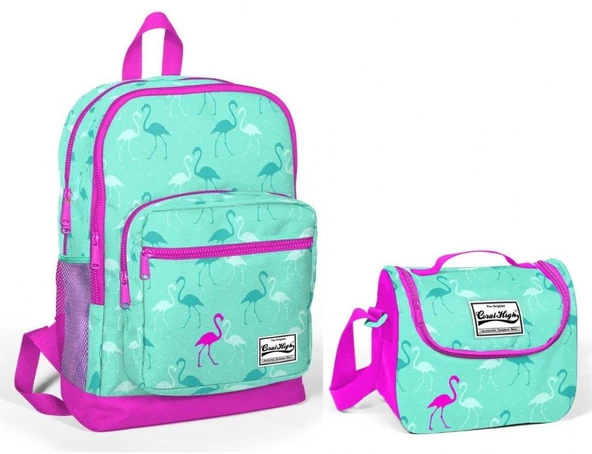 Coral High Flamingo Desenli Dört Bölmeli Okul Sırt Çantası & Beslenme Çantası