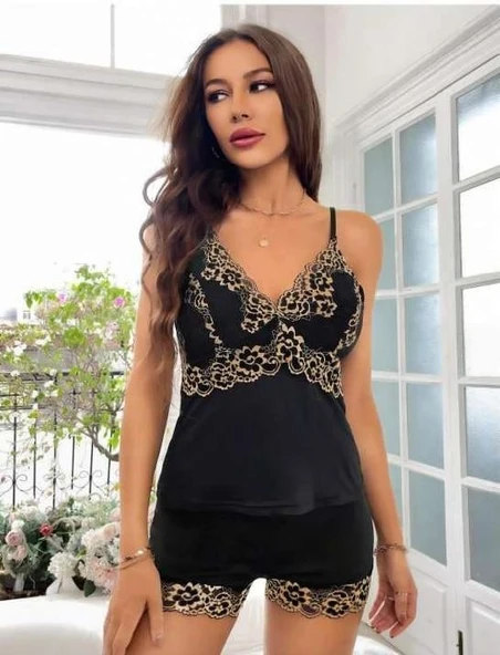Amora Secret Sarı Dantel İşlemeli Siyah İnce Askılı Saten Şortlu Takım - 2
