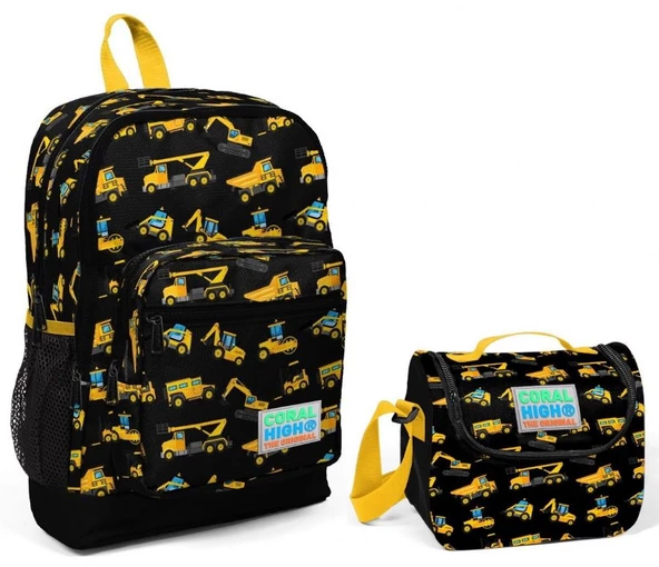 Coral High Siyah İş Makineleri Baskılı Sırt Çantası ve Beslenme Çantası Seti ürün görseli 1