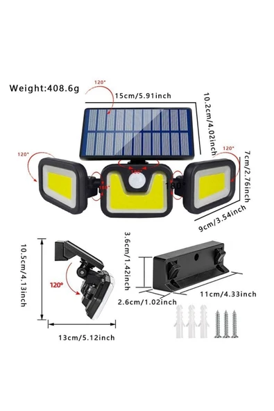 Volemi Üçlü Solar Led Projektör – Beyaz Işık – Sensörlü Dış Mekân Aydınlatma - Resim 6