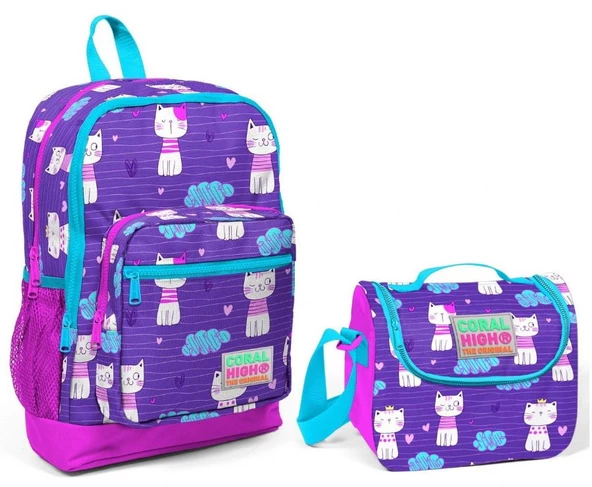 Coral High Kedi Baskılı Kız Çocuk İlkokul Okul Çantası Seti ürün görseli
