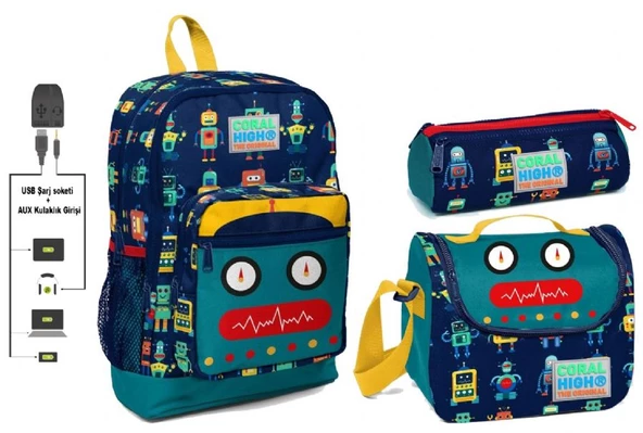 Coral High Kids Robot Desenli Dört Bölmeli Usb Şarjlı Kulaklık Çıkışlı Okul Sırt Çantası 3lü