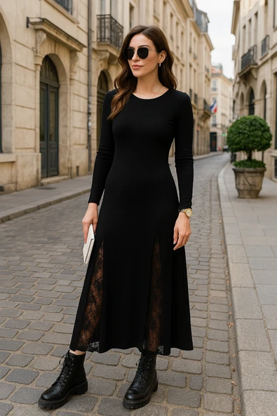 Kadın Uzun Kollu Bisiklet Yaka Sırt Dekolteli Dantel Yırtmaçlı Uzun Krep Elbise ürün görseli