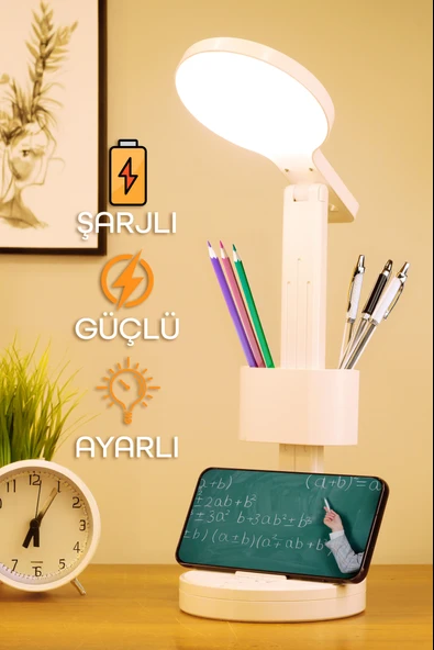 Şarjlı LED Masa Lambası Kalemlik Telefon Standlı Renk Ayarlı Dokunmatik Dimmer S9 - Resim 3