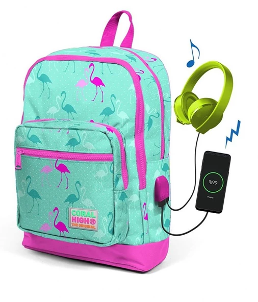 Coral High Kids Su Yeşili Flamingo Desenli Usb Şarjlı Kulaklık Çıkışlı Okul Sırt Çantası 23275