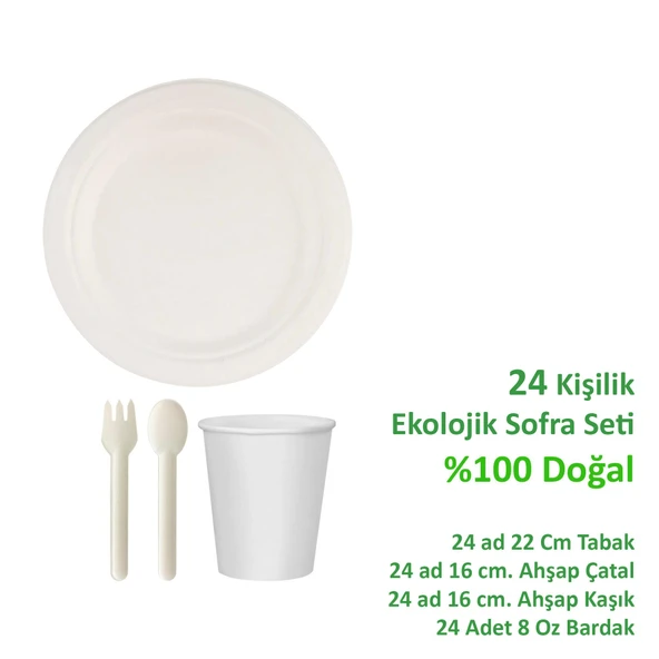 Ekolojik 22 Cm. 24 Kişilik Parti Piknik Sofra Sunum Seti - Doğal Tabak Bardak Çatal Kaşık Takımı - Resim 2