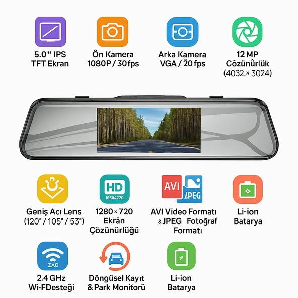 XJ06 HD Araç Kamerası  Wi-Fi Dokunmatik, 1080p Kayıt, Park İzleme Çarpışma Algılama - 2