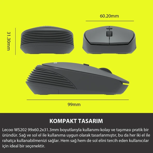 Lecoo WS202 Kablosuz 1200DPI 4 Tuşlu Optik Mouse Gri - 4