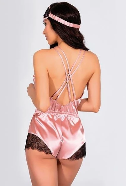 Amora Secret Pembe Dantelli Sırtı Çapraz Saten Şort Tulum - Resim 2