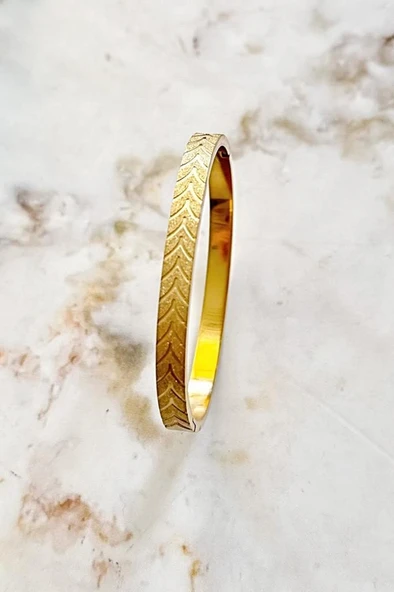 Yaprak Desenli Gold Çelik Kelepçe Bileklik - 3