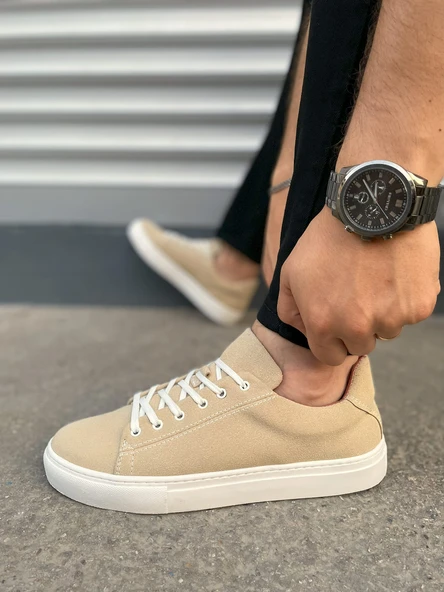 JY122 Mode Bağcıklı Süet Erkek Günlük Sneaker Ayakkabı SBT - Bej - Resim 3