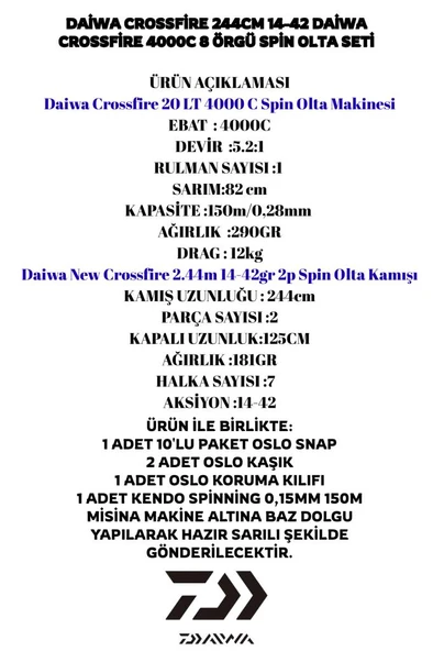 Daiwa Crossfire 244cm 14-42gr Daiwa Crossfire 4000C 8 Örgü Spin Olta Seti - 2