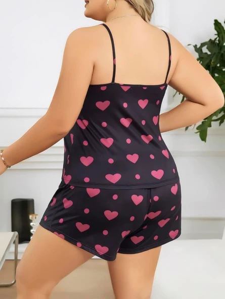 AmoraSecret AmoraSecret Büyük Beden Siyah Kalp Desen İnce Askılı Pamuklu Şortlu Pijama Takımı - 3