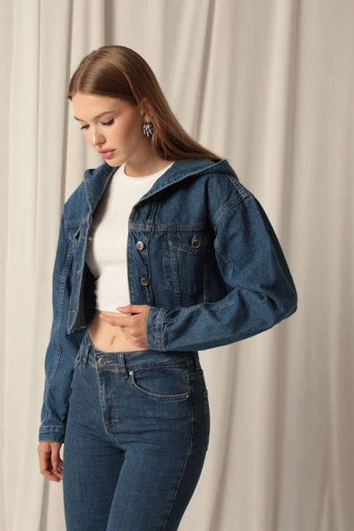 Denim Kumaş Kapüşonlu Kısa Kadın Lacivert Kot Ceket - Resim 2