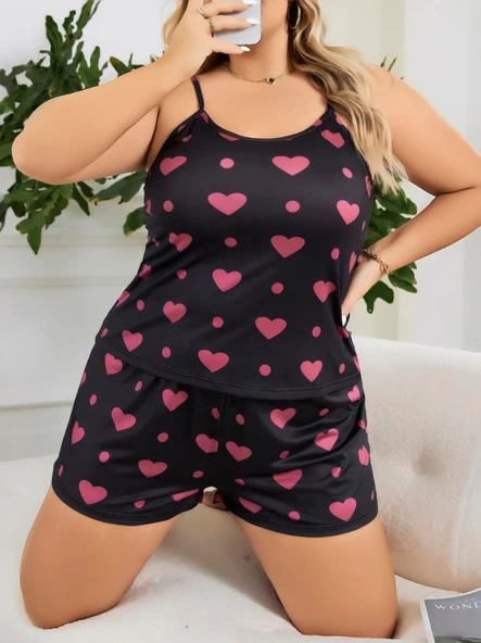 AmoraSecret AmoraSecret Büyük Beden Siyah Kalp Desen İnce Askılı Pamuklu Şortlu Pijama Takımı - 1