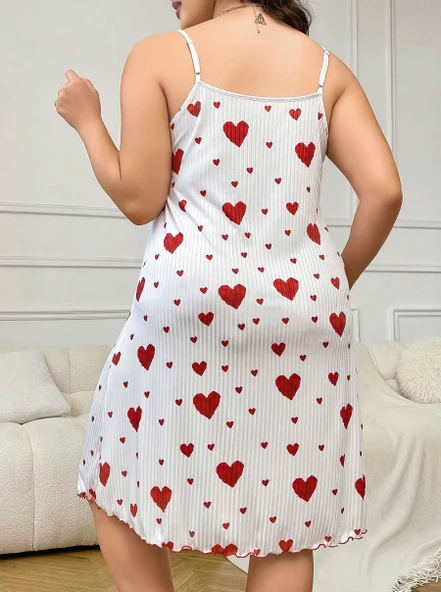 Amora Secret Büyük Beden Kalp Desen Pamuklu İnce Askılı Uzun Gecelik - Resim 3