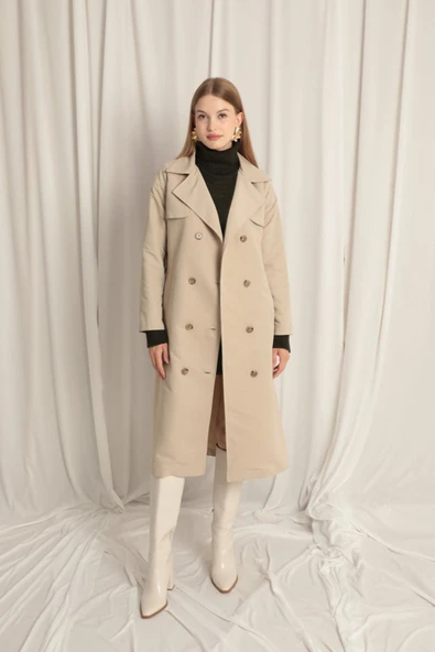 Torino Kumaş Sıvı Geçirmez Maxi Boy Kadın Taş Trençkot - Resim 2