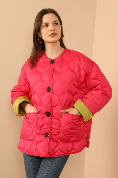 Jesica Kumaş  Soğan Desen Kapitone Kadın Mont-FUŞYA - 2