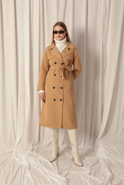 Torino Kumaş Sıvı Geçirmez Maxi Boy Kadın Camel Trençkot - Resim 2