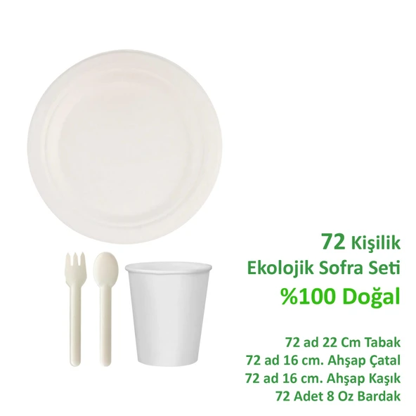 Ekolojik 22 Cm. 72 Kişilik Parti Piknik Sofra Sunum Seti - Doğal Tabak Bardak Çatal Kaşık Takımı - 2