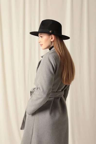 Kaşe Kumaş Allerli Kadın Gri Kaban - 4