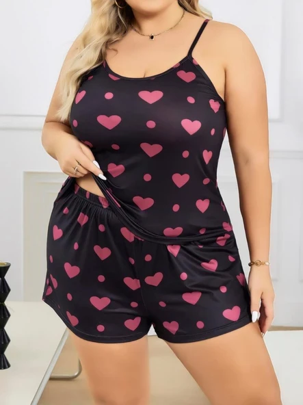 AmoraSecret AmoraSecret Büyük Beden Siyah Kalp Desen İnce Askılı Pamuklu Şortlu Pijama Takımı - 2
