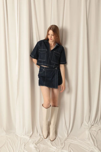 Denim Kumaş Kısa Cepli Crop Kadın Lacivert Kot Ceket - Resim 2