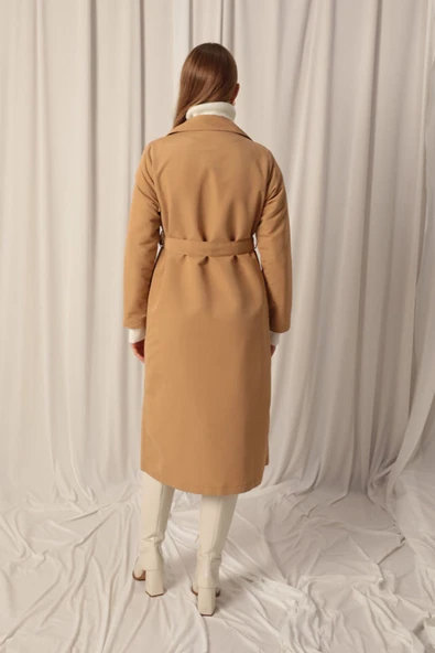 Torino Kumaş Sıvı Geçirmez Maxi Boy Kadın Camel Trençkot - Resim 3