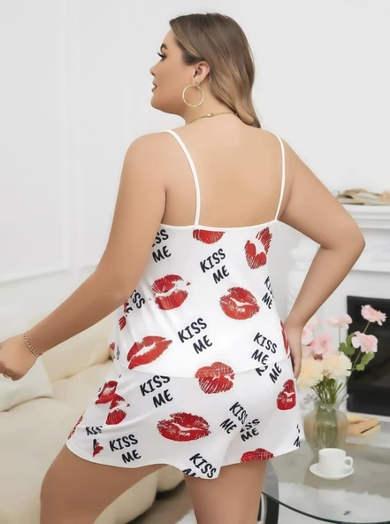 Amora Secret Büyük Beden Kiss Me Öpücük Desen Pamuklu Şortlu Pijama Takımı - Resim 3