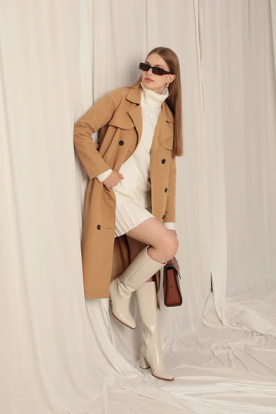 Torino Kumaş Sıvı Geçirmez Maxi Boy Kadın Camel Trençkot ürün görseli