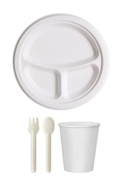 Ekolojik 26 Cm. 3 Bölmeli 48 Kişilik Parti Piknik Sofra Sunum Seti -Tabak Bardak Çatal Kaşık Takımı