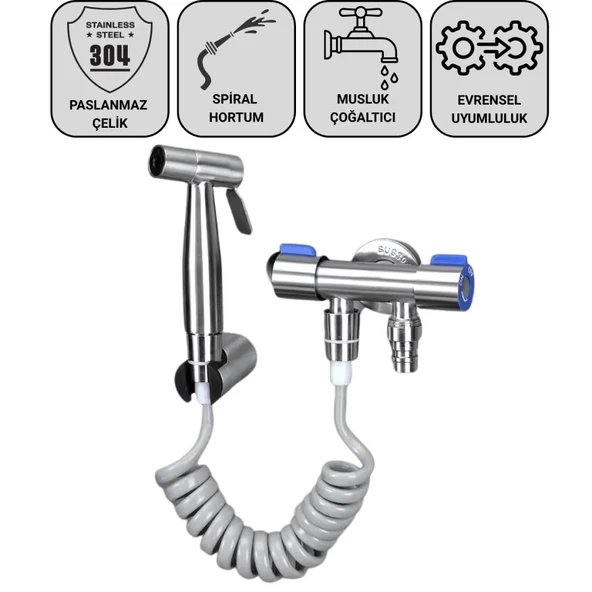 Coofbe Paslanmaz Çelik Sprial Hortum Tuvalet Musluk Seti Taharet Musluğu El Tuvalet Sprey Tabancası - 7