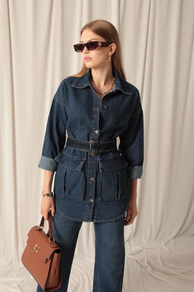 Denim Kumaş Cep Detay Kadın Lacivert Kot Ceket - Resim 2