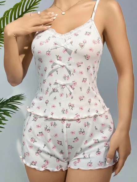 Amora Secret Pamuklu Beyaz Üstüne Çiçek Desen Fitilli Askılı Şortlu Pijama Takımı