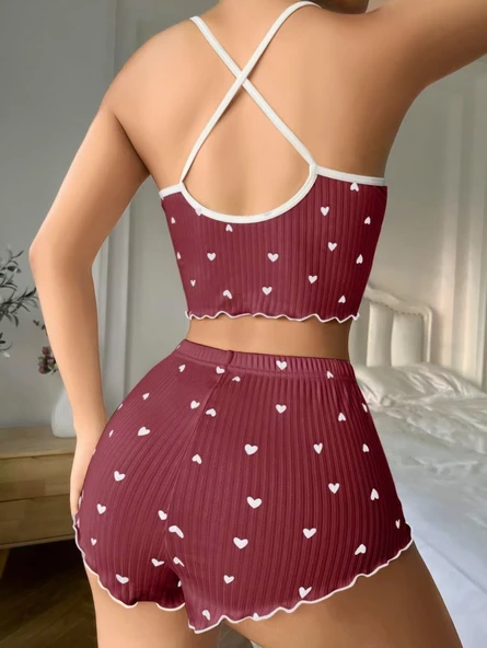 AmoraSecret AmoraSecret Pamuklu Kahverengi Üstüne Beyaz Kalp Desen Fitilli Askılı Şortlu Pijama Takımı - 3