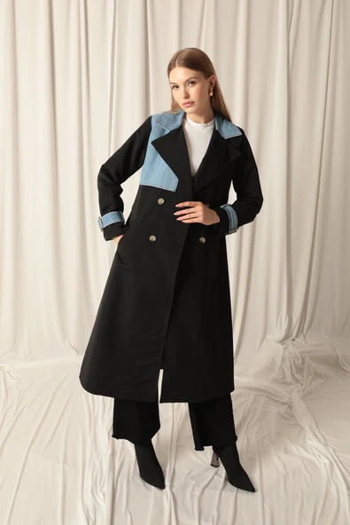 Torino Kumaş Kot Garnili Kadın Siyah Trençkot ürün görseli