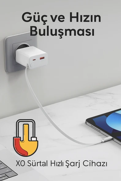 30W GaN Hızlı Şarj Cihazı  USBA & USBC Çıkışlı, Entegre Kablolu Kendinden Kablolu - 6